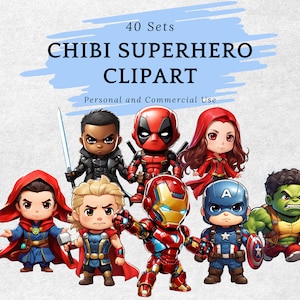 Clipart di supereroi chibi, personaggi di supereroi dei cartoni animati, Mavel, Baby Avenge, pacchetto PNG, chibi, kawaii, fumetti, fan art, download istantaneo, PNG