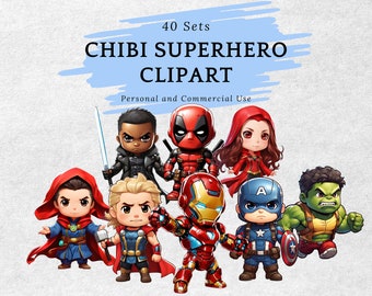 Chibi Superhero Clipart, Zeichentrickfiguren Superheld, Mavel, Baby Avenge, PNG-Bundle, Chibi, Kawaii, Comic, Fan Art, Sofort Download, PNG