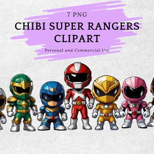 Clipart Chibi Super Rangers, personnages de dessins animés Super Rangers, bébé Super Rangers, lot PNG, Chibi, bande dessinée, Fan Art, téléchargement immédiat, PNG