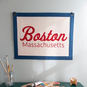 Boston, Massachusetts Wool Felt Banner Camp Flag Pennant Vintage City State Custom Wall Art Home Decor Teen Kid Room Travel New England Gift