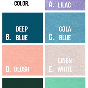 Puede incluir: Imagen que muestra una carta de colores de fieltro. El texto "CHOOSE YOUR FELT COLOR" est&aacute; en la parte superior. Los colores incluyen Lila, Azul Oscuro, Azul Cola, Rubor, Blanco Lino, Verde Pino y Aqua, cada uno etiquetado con una letra.