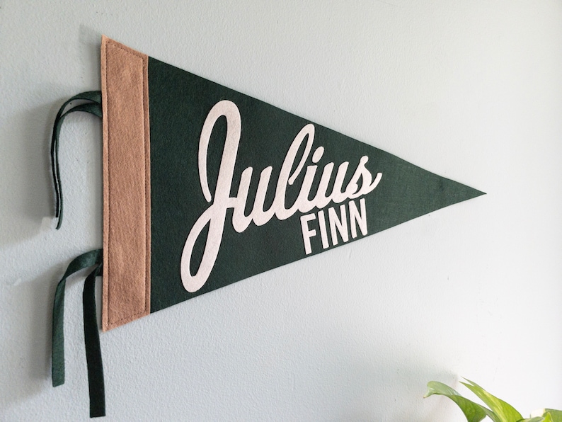 Puede incluir: Un bander&iacute;n verde oscuro con el nombre "Julius Finn" en escritura blanca y letras de bloque. El bander&iacute;n tiene un borde beige en el lado izquierdo y cintas verdes oscuras para colgar. Un art&iacute;culo decorativo.