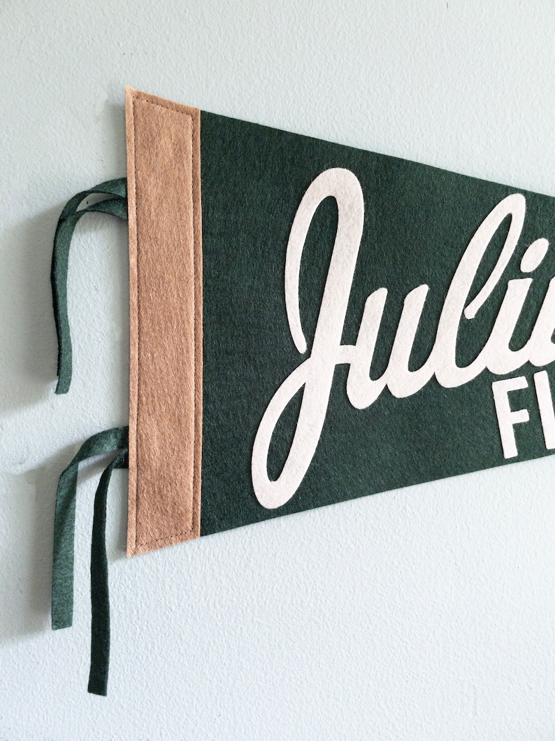 Puede incluir: Un bander&iacute;n de fieltro verde oscuro con el nombre "Julius" en escritura blanca. El bander&iacute;n tiene un borde beige en el lado izquierdo y cintas verdes para colgar. El bander&iacute;n se muestra contra una pared blanca.