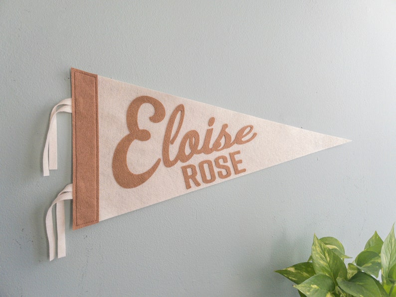 Puede incluir: Un bander&iacute;n crema con el nombre "Eloise Rose" en una fuente marr&oacute;n. El bander&iacute;n tiene un borde marr&oacute;n en el lado izquierdo y cintas blancas para colgar. El bander&iacute;n se muestra en una pared azul claro.