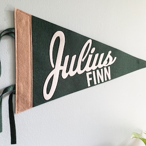 Puede incluir: Un bander&iacute;n de fieltro verde oscuro con el nombre "Julius Finn" en escritura blanca. El bander&iacute;n tiene un borde beige en el lado izquierdo y cintas verdes para colgar. Un art&iacute;culo decorativo para la habitaci&oacute;n de un ni&ntilde;o.