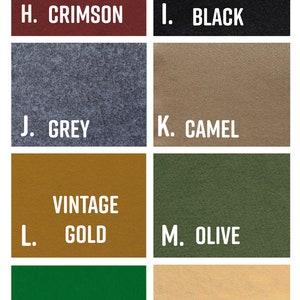 Puede incluir: Una paleta de colores con ocho muestras y etiquetas de texto. Los colores incluyen: Rojo &oacute;xido, Negro vintage, Gris, Camel, Oro vintage, Oliva, Verde Kelly y Melocot&oacute;n. Cada muestra tiene una letra y un nombre de color.