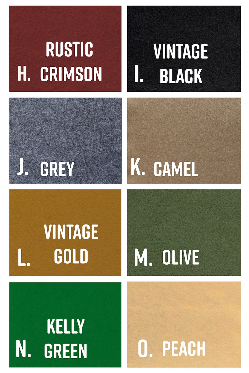Puede incluir: Una paleta de colores con ocho muestras y etiquetas de texto. Los colores incluyen: Rojo &oacute;xido, Negro vintage, Gris, Camel, Oro vintage, Oliva, Verde Kelly y Melocot&oacute;n. Cada muestra tiene una letra y un nombre de color.