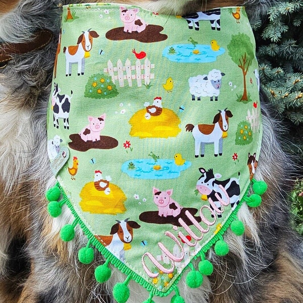 Farm Animal Dog Bandana | Frog Dog Bandana, Personalized, Tie & Snap Style, Reversible With Available Matching Bow and Pompom Trim