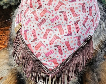 Pink Horse Girl Fringe Dog Bandana, Tie & Snap Style, Personalized Embroidery, Reversible, Available Matching Bow and Fringe Trim