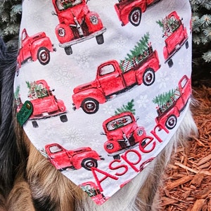 Country Christmas Dog Bandana, Vintage Red Truck, Tie & Snap Style, Personalized, Reversible, Available Bow, Pompom Trim