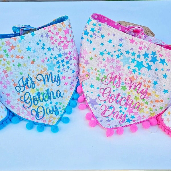 It's My Gotcha Day Dog Bandana, Tie & Snap Style, Embroidered On Rainbow Glitter Stars,  4" Tall Party Hat(SEPARATE)