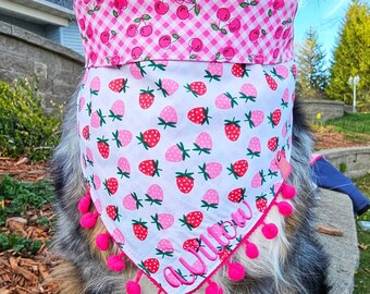 Dog Cherry, Strawberry Summer Fruit Bandana, Tie & Snap Foldover Style, Personalized Embroidery, Reversible, Available Bow and Pompom Trim