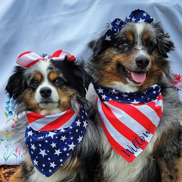 American Flag Dog Bandana, Memorial Day/July 4th, Tie & Snap Style, Personalized Embroidery, Reversible,  Available Bow and Pompom Trim