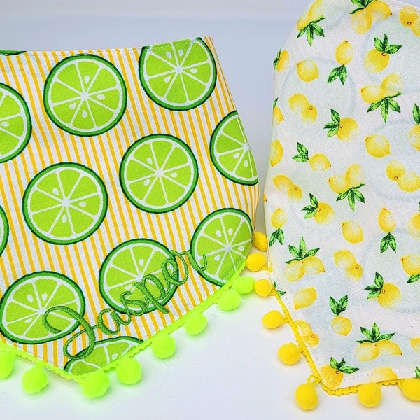 Dog Lemon Lime Bandana, Summer Fruit Scarf, Tie & Snap Style, Personalized Embroidery, Reversible, Available Matching Bow and Pompom Trim
