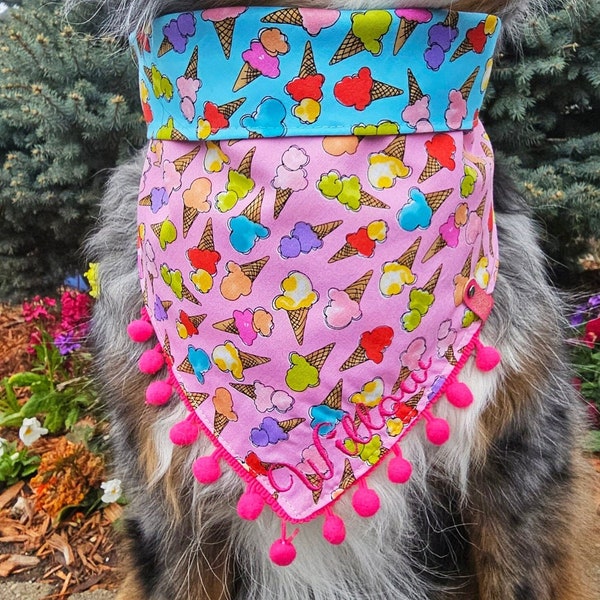 Dog Ice Cream Cone Summer Bandana, Tie & Snap Foldover Style, Personalized Embroidery, Reversible, Available Matching Bow and Pompom Trim