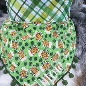 St. Patrick&#39;s Day Dog Bandana, Lucky Shamrocks, Tie & Snap Foldover Style, Personalized, Reversible, Available Matching Bow and  Pom Trim