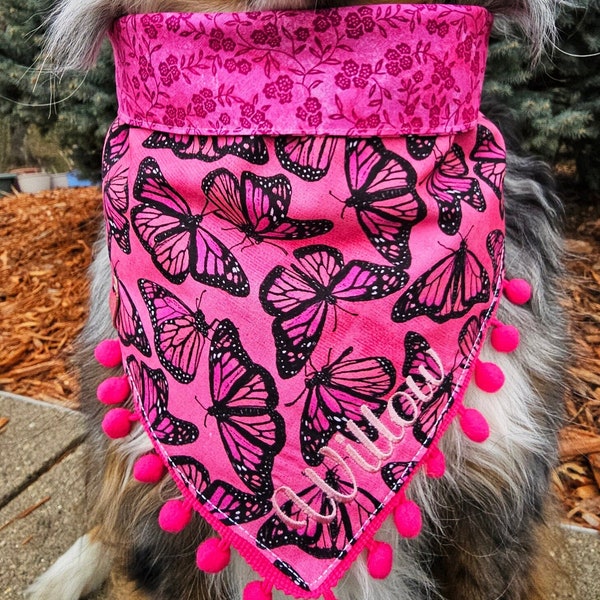Summer Monarch Butterfly, floral Dog Bandana , Tie & Snap Foldover Style, Personalized Embroidery, Reversible, Available Bow and Pompom Trim