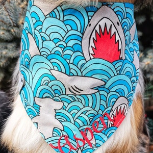 Shark Attack Shark Week/Shark Fest Dog Bandana, Tie & Snap Style, Personalized, Reversible, Available Matching Bow and Pompom Trim