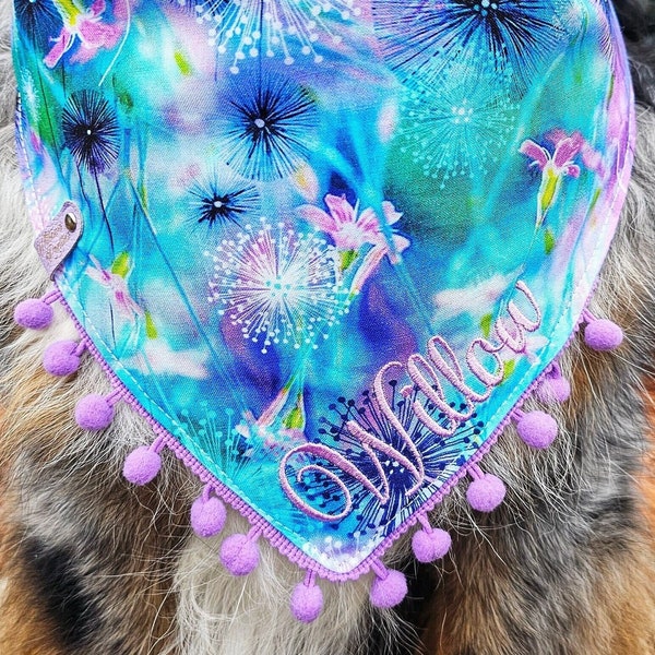 Dog Spring Summer Floral Bandana, Dandelion Puff, Lily Tie & Snap Style, Personalized Embroidery, Reversible, Available Bow, Pompom Trim