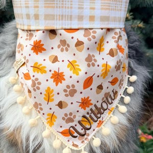 Dog Fall Leaves Bandana, Neutral Plaid, Tie & Snap Foldover Style, Personalized Embroidery, Reversible, Available Matching Bow