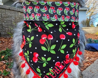 Dog Cherry Summer Fruit Bandana W/ Polka dots, Tie & Snap Foldover Style, Personalized Embroidery, Reversible, Available Bow and Pompom Trim