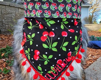Dog Cherry Summer Fruit Bandana W/ Polka dots, Tie & Snap Foldover Style, Personalized Embroidery, Reversible, Available Bow and Pompom Trim