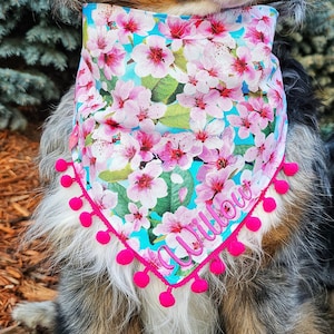 Cherry Blossom Dog Spring Summer Floral Bandana, Tie & Snap Style, Personalized Embroidery, Reversible, Available Bow, Pompom Trim