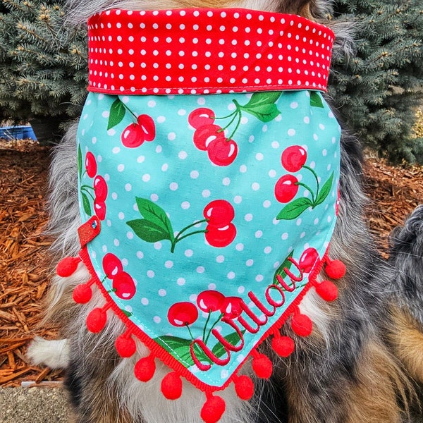 Dog Summer Fruit Cherry Bandana W/ Polka dots, Tie & Snap Foldover Style, Personalized Embroidery, Reversible, Available Bow and Pompom Trim