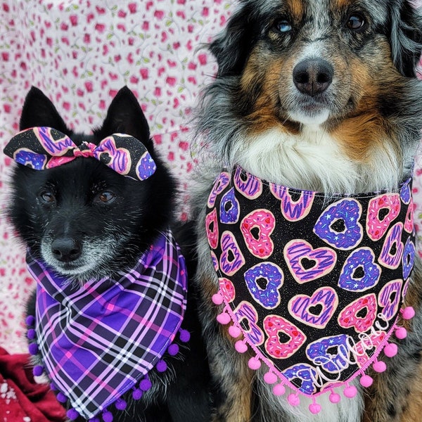 Valentine Glitter Heart Cookie Dog Bandana, Plaid, Tie & Snap, Personalized Embroidery, Reversible, Available Matching Bow, Pompom Trim