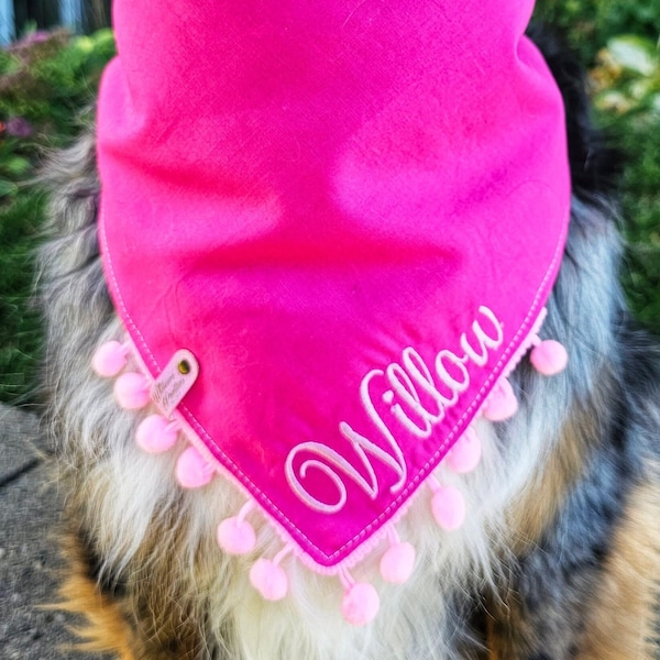 Solid Hot Pink Dog Bandana and Bow(separate), Tie & Snap Style, Personalized Embroidery, Reversible, Available Matching Bow and Pompom Trim