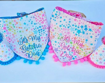 It's My Gotcha Day Dog Bandana, Tie & Snap Style, Embroidered On Rainbow Glitter Stars,  4" Tall Party Hat(SEPARATE)