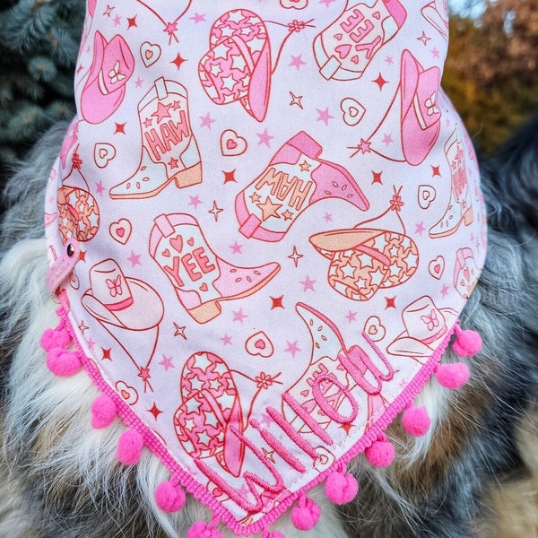 Pink Horse Girl Dog Bandana, Tie & Snap Style, Personalized Embroidery, Reversible, Available Matching Bow and Pompom Trim
