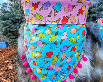 Dog Ice Cream Cone Summer Bandana, Tie & Snap Foldover Style, Personalized Embroidery, Reversible, Available Matching Bow and Pompom Trim