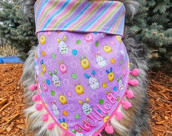 Bunnies and Chicks, Easter Dog Bandana, Tie & Snap Fold Over Style, Personalized Embroidery, Available Matching Bow and  Pompom Trim.