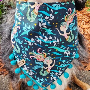 Mermaid Dog Bandana | Dog Mermaid Scarf, Tie & Snap Style, Personalized, Reversible, Available Matching Bow and Pompom Trim