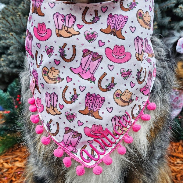 Cowgirl Hat/Boots Horse Girl Dog Bandana, Tie & Snap Style, Personalized Embroidery, Reversible, Available Matching Bow and Pompom Trim