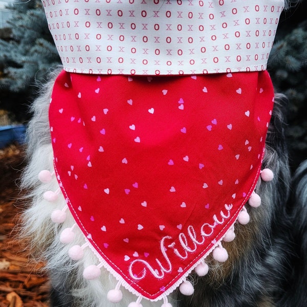 Dog Valentine Heart Bandana, Tie & Snap Foldover Style, Personalized Embroidery, Reversible, Available Matching Bow, Pom Trim