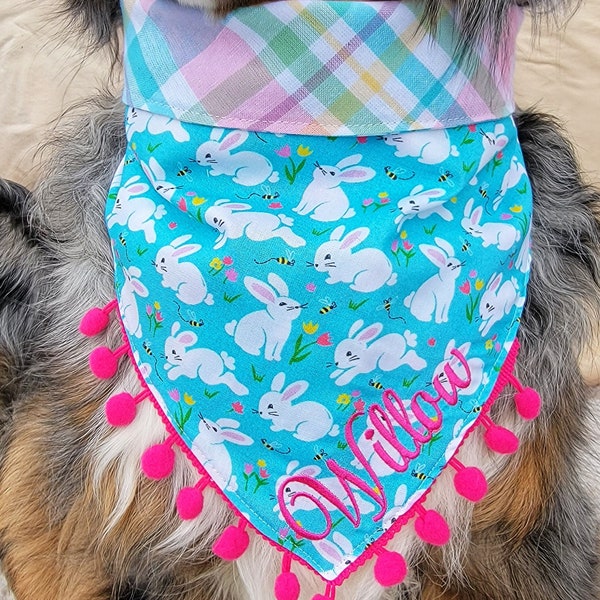 Bunnies With Tulips Easter Dog Bandana, Tie & Snap Fold Over Style, Personalized Embroidery, Available Matching Bow and  Pompom Trim.