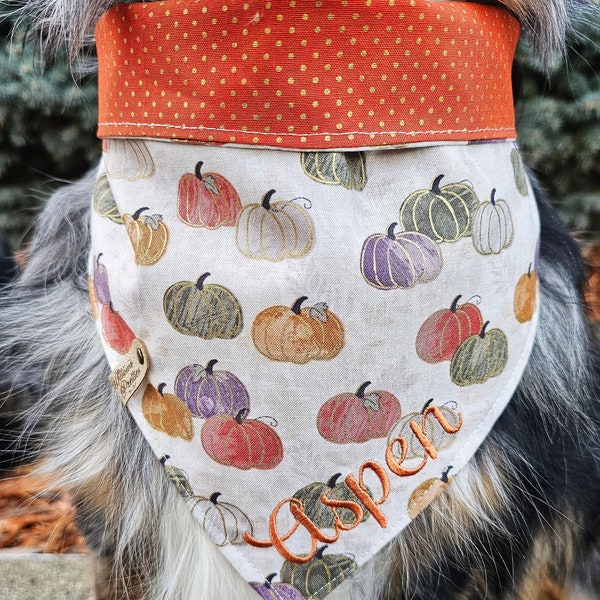 Dog  Fall/Halloween Bandana, Metallic Pumpkins,  Tie & Snap Style, Personalized Embroidery, Reversible, Available Matching Bow, Pompom