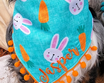 Easter Bunny and Carrots Dog Bandana, Tie & Snap Style, Personalized Embroidery, Reversible, Available Matching Bow and  Pompom Trim.