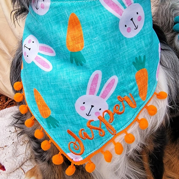 Easter Bunny and Carrots Dog Bandana, Tie & Snap Style, Personalized Embroidery, Reversible, Available Matching Bow and  Pompom Trim.