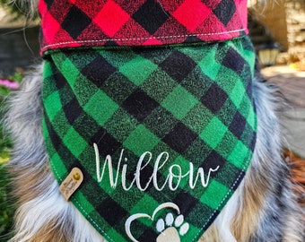 Buffalo Plaid Flanell Hundehalstuch, Krawatte & Snap Foldover Stil, personalisierbar, reversibel, erhältlich passender Bogen