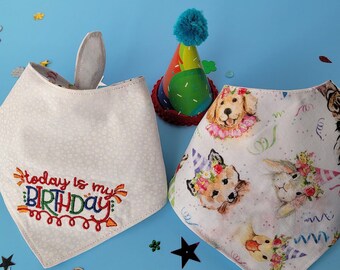 Puppy Party Pack | Dog tie birthday bandana, embroidered with "Today is My Birthday," reversible-party animals on back, party hat