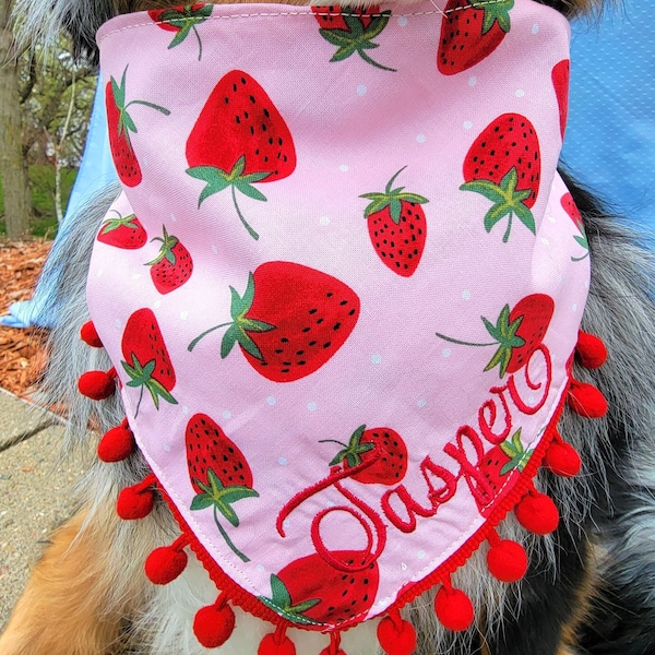 Dog Summer Fruit Stawberry Bandana, Tie & Snap Style, Personalized Embroidery, Reversible, Available Matching Bow and Pompom Trim