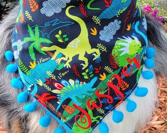 Dog Dinosaur Bandana, Tie & Snap Style, Personalized Embroidery, Reversible, Available Matching Bow and Pompom Trim