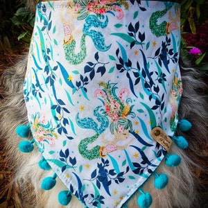Mermaid Dog Bandana | Dog Mermaid Scarf, Tie & Snap Style, Personalized, Reversible, Available Matching Bow and Pompom Trim