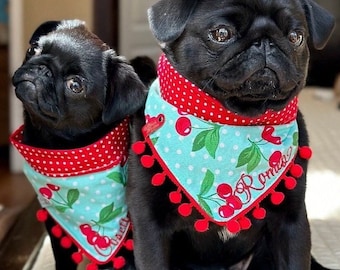 Dog Summer Fruit Cherry Bandana W/ Polka dots, Tie & Snap Foldover Style, Personalized Embroidery, Reversible, Available Bow and Pompom Trim