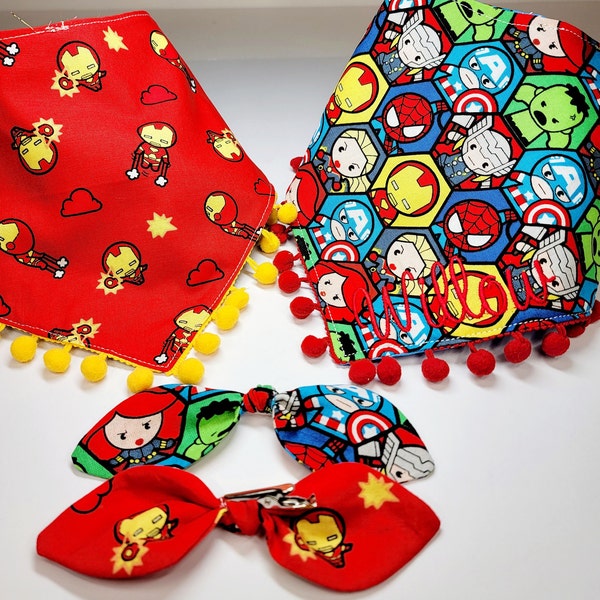 Marvel Avengers Dog Bandana | Dog Superhero Iron Man Bandana, Personalized, Tie & Snap Style, Reversible, Available Bow and Pompom Trim