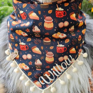 Dog Pumpkin Spice Fall Plaid Bandana, Tie & Snap Style, Personalized Embroidery, Reversible, Available Matching Bow, Pompom