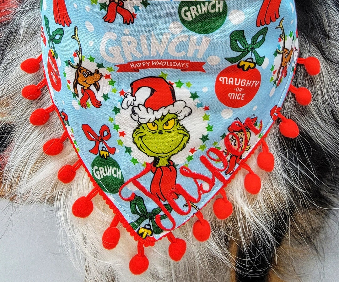 Grinch Dog Bandana Dog Christmas Bandana, Tie & Snap Style